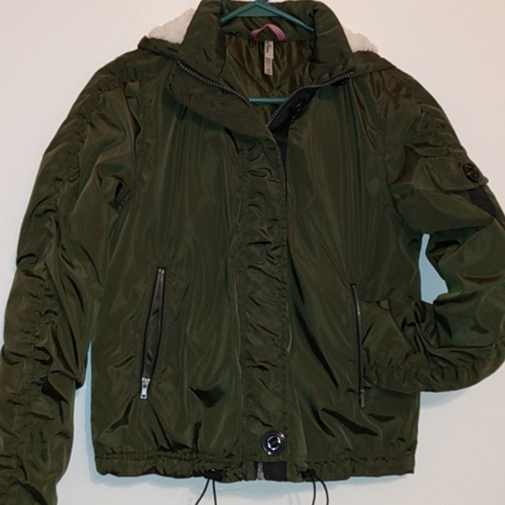 Pink Platinum army green hooded bomber jacket size small
